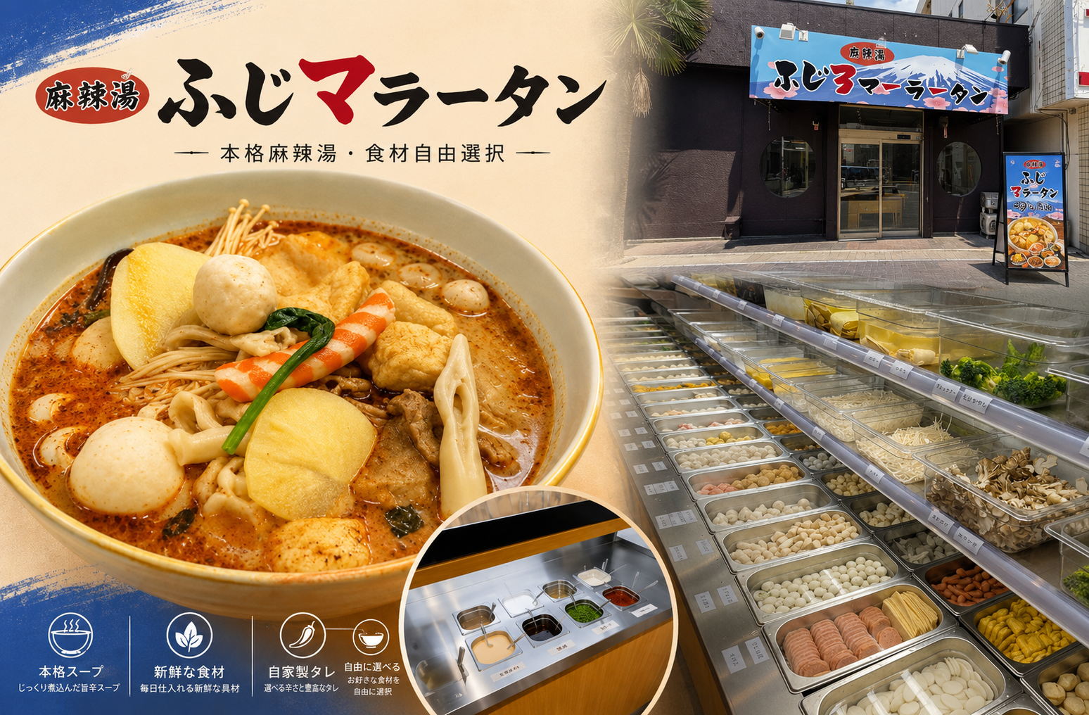 ふじ3マーラータンの料理と店舗、食材コーナー