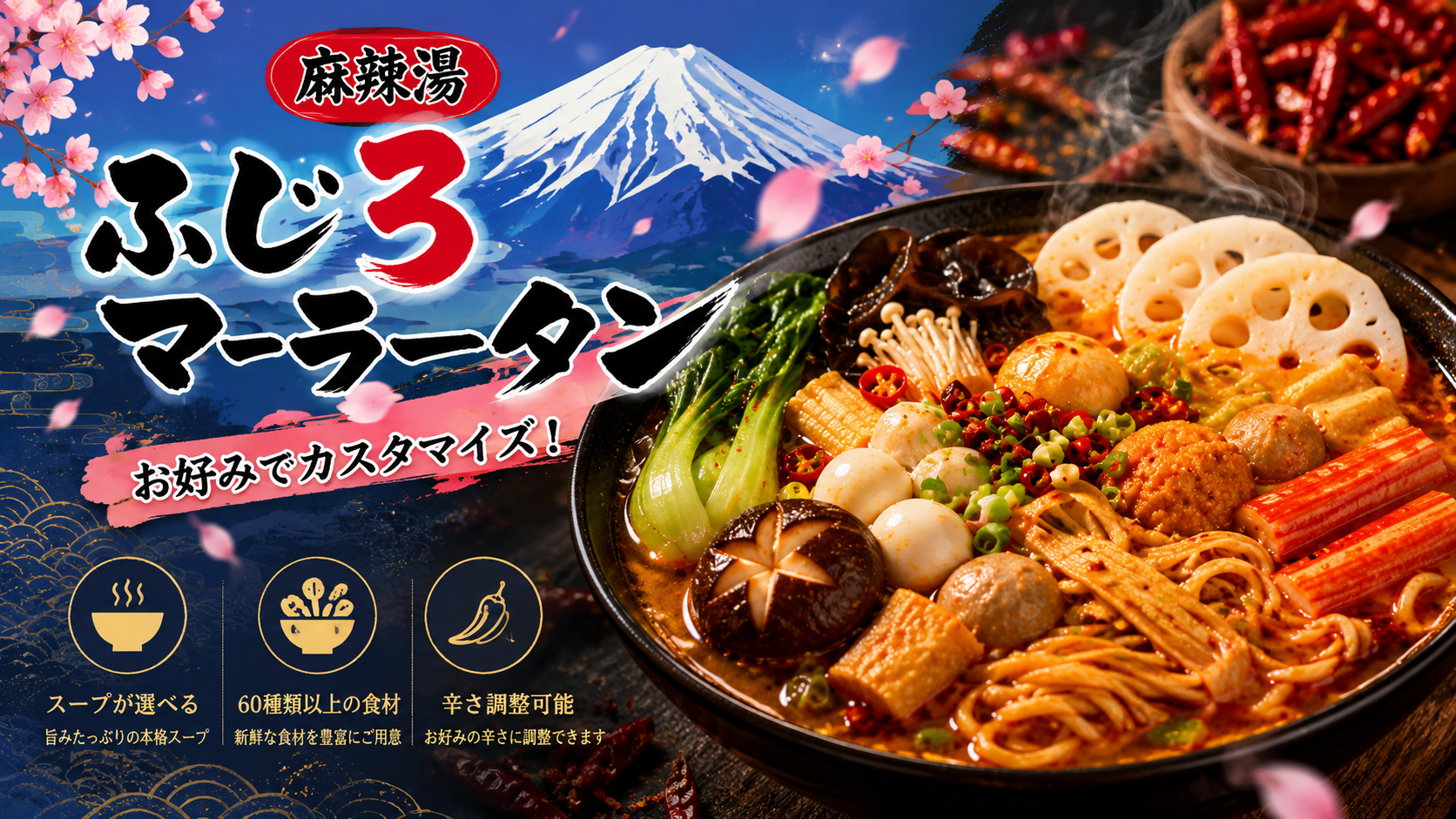 ふじ3マーラータン。本格麻辣湯をお好みのスープと食材で。